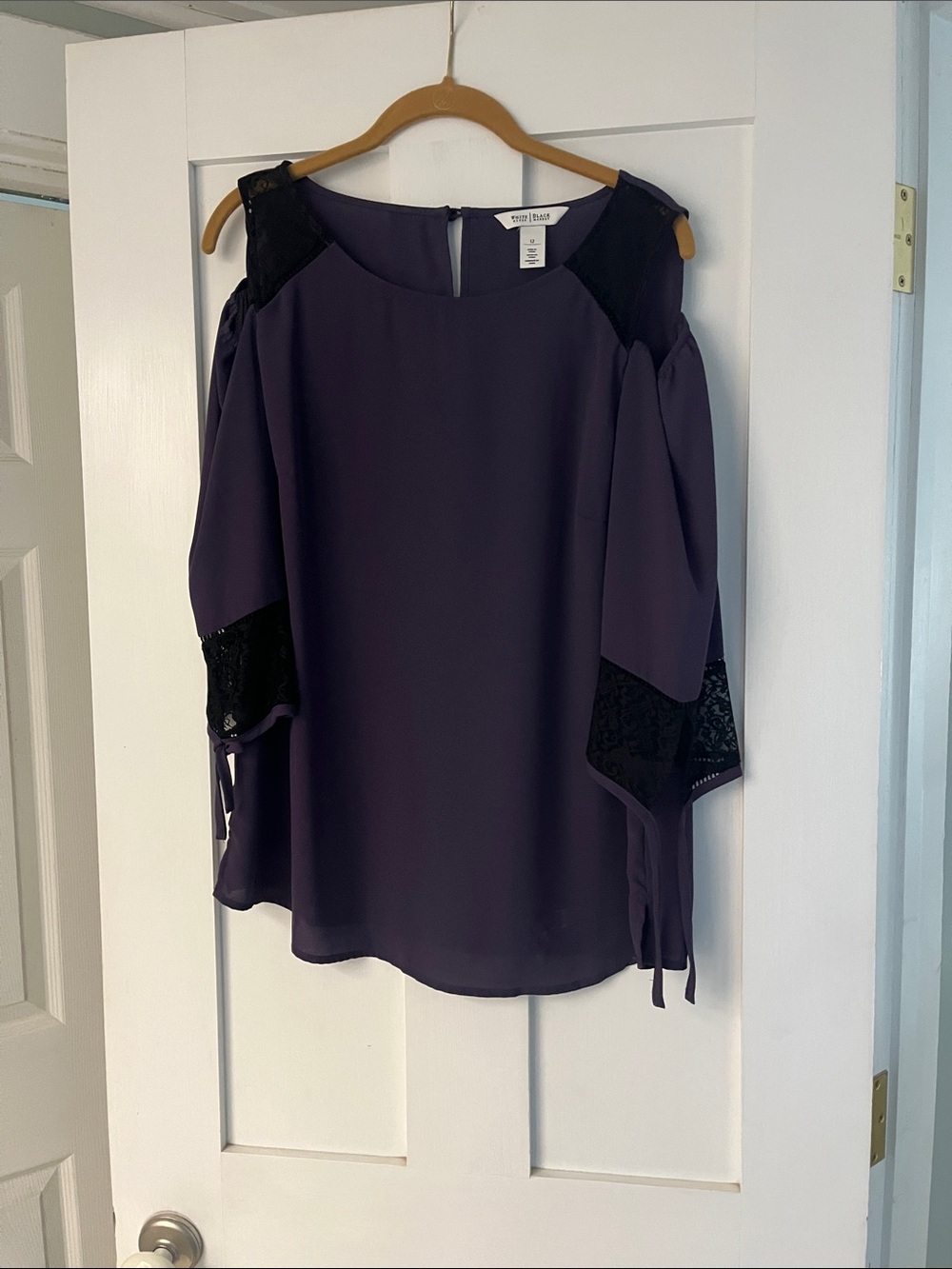 White House Black Market Dark Purple Cold-Shoulder Lace Sleeve Blouse